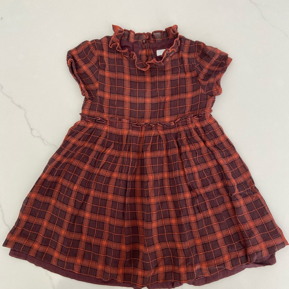 Burberry Kids Orange and Brown Plaid Dress runs small 18-24m.  Size on label 3T